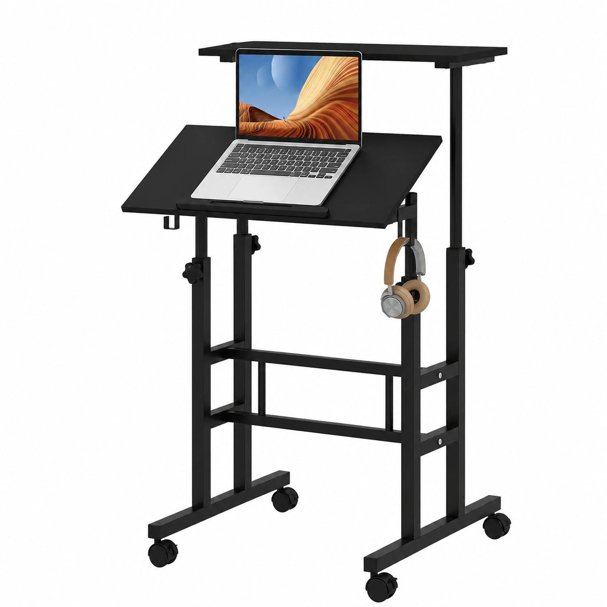 Scrivania per Computer a Altezza Regolabile con Ruote e Ganci, Tavolo Salvaspazio per Casa e Ufficio, 60x60x72-124 cm Nero