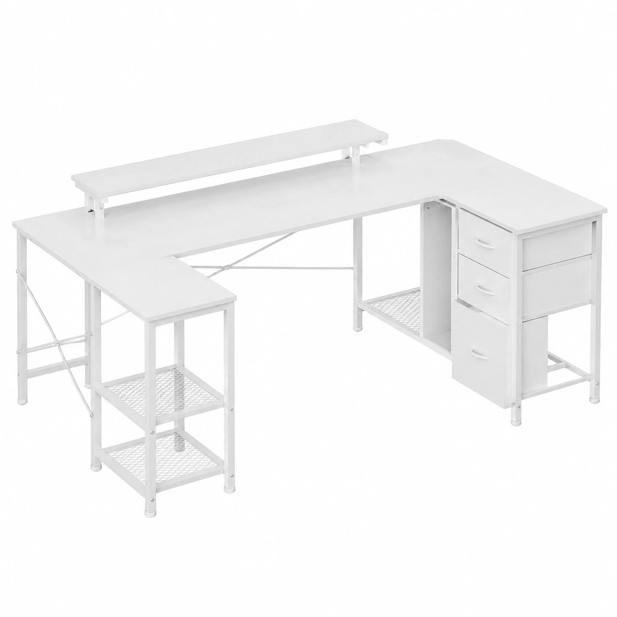 Scrivania Angolare da Gioco con LED, Bianco, 170x95 cm, 3 Cassetti, Supporto Monitor, Prese e USB