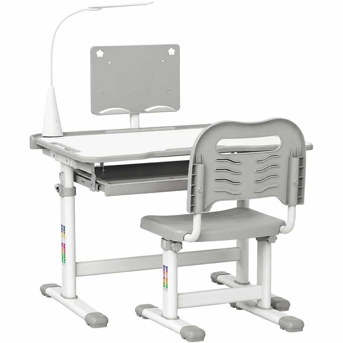 Scrivania Regolabile per Bambini con Sedia, Lampada LED e Piano Inclinabile, Grigio