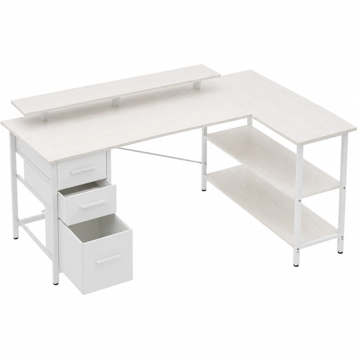 Scrivania Angolare Reversibile con 3 Cassetti in Tessuto, 120x80 cm, Bianco, con Supporto Monitor e Porta USB