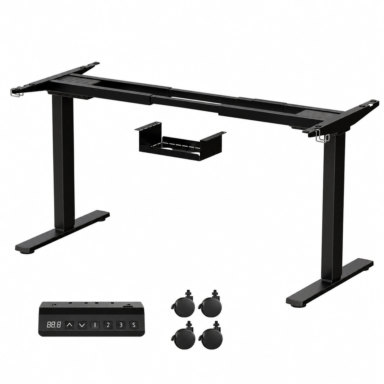 Scrivania Regolabile Devoko, 2 Motori, Altezza 73-120 cm, Memoria a 3 Tasti, Rotelle e Ganci, Sistemi di Gestione Cavi, Nero