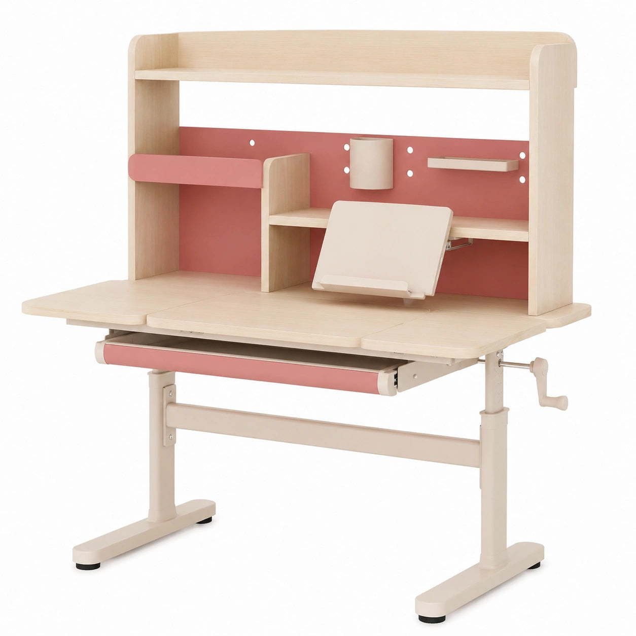 Scrivania Regolabile per Bambini 3+, Tavolo da Studio con Libreria e Accessori, Piano Inclinabile, Colore Rosa