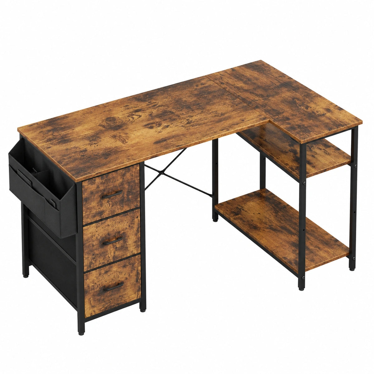 Scrivania Angolare a L con Cassetti e Ripiani Regolabili, 120x78 cm, Perfetta per Ufficio e Studio