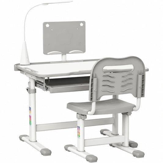 Scrivania Regolabile per Bambini con Sedia, Lampada LED e Piano Inclinabile, Grigio