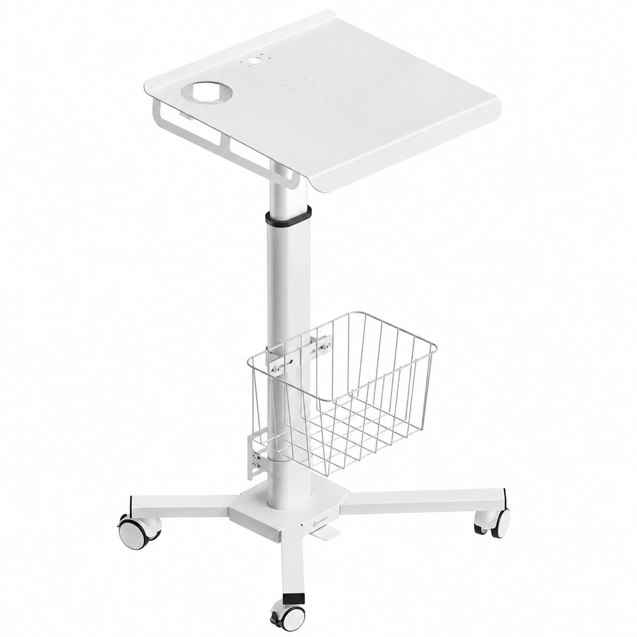 Tavolino Regolabile con Ruote e Cestello per PC, Laptop e Accessori, Altezza 75-115 cm, Bianco