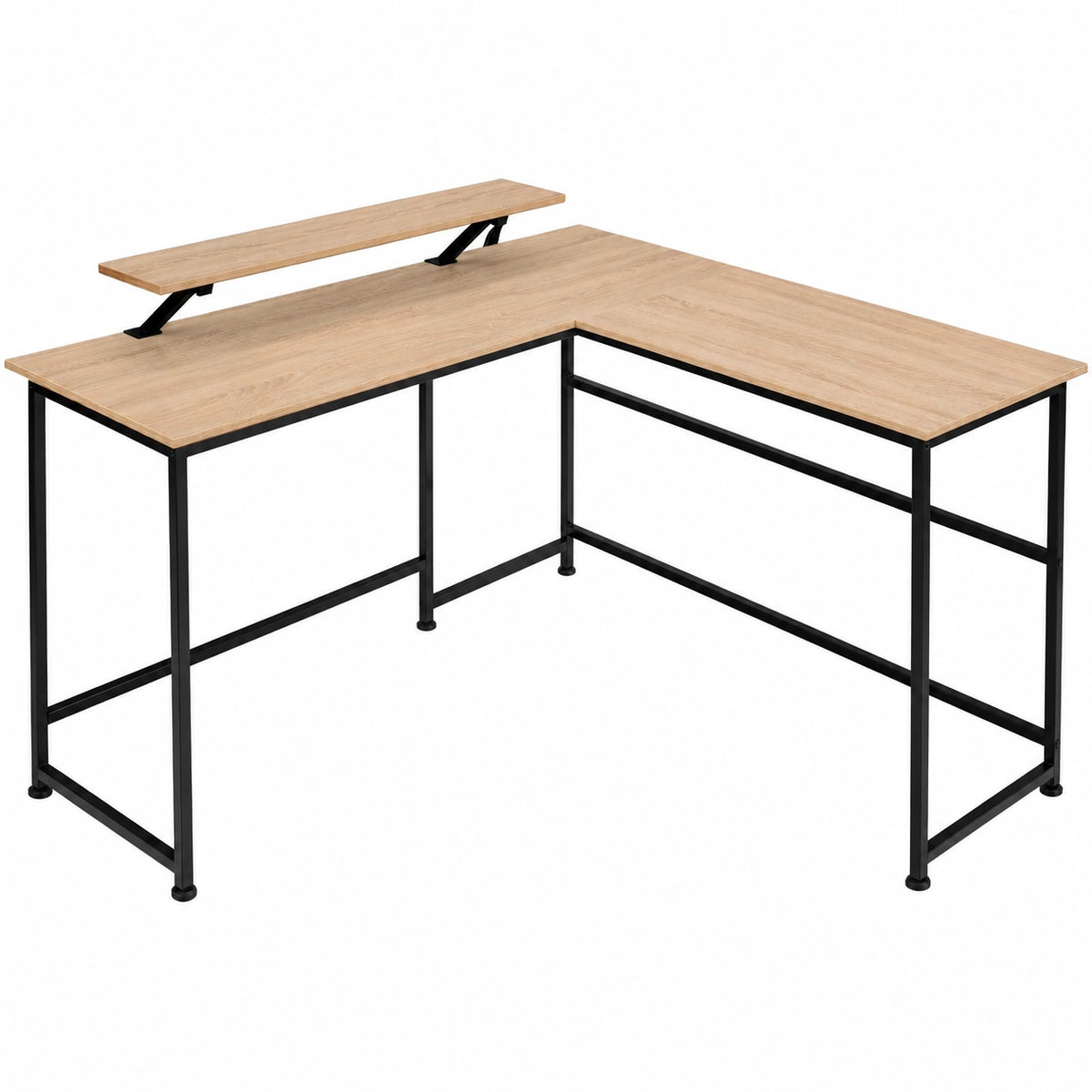 Scrivania Angolare Reversibile con Ripiano Monitor in Legno Chiaro per Ufficio e Gaming, 140x130x76,5 cm