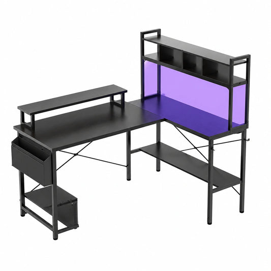 Scrivania da Gaming ad Angolo con LED e Prese Incorporate, Nero