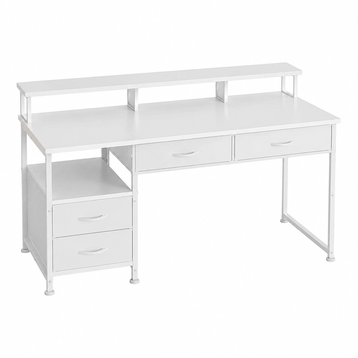Scrivania da Gaming con LED e Spazio di Archiviazione, 4 Cassetti e Presa, Tavolo per Computer Reversibile con Ripiani e Supporto Monitor (Bianco)