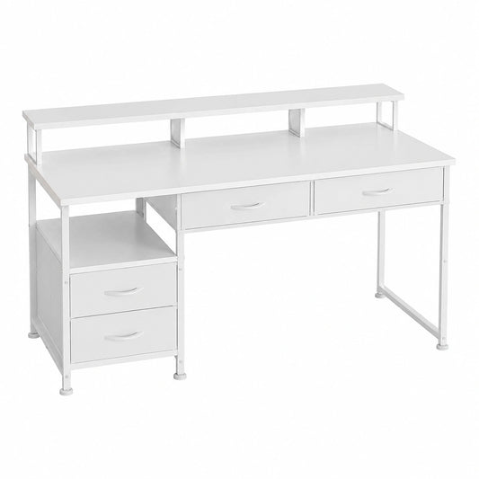 Scrivania da Gaming con LED e Spazio di Archiviazione, 4 Cassetti e Presa, Tavolo per Computer Reversibile con Ripiani e Supporto Monitor (Bianco)